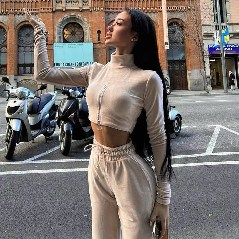 

Облегающие брюки, спортивный костюм, флисовые с высоким воротником и длинным рукавом, откровенный Топ, облегающие спортивные брюки на шнуровке