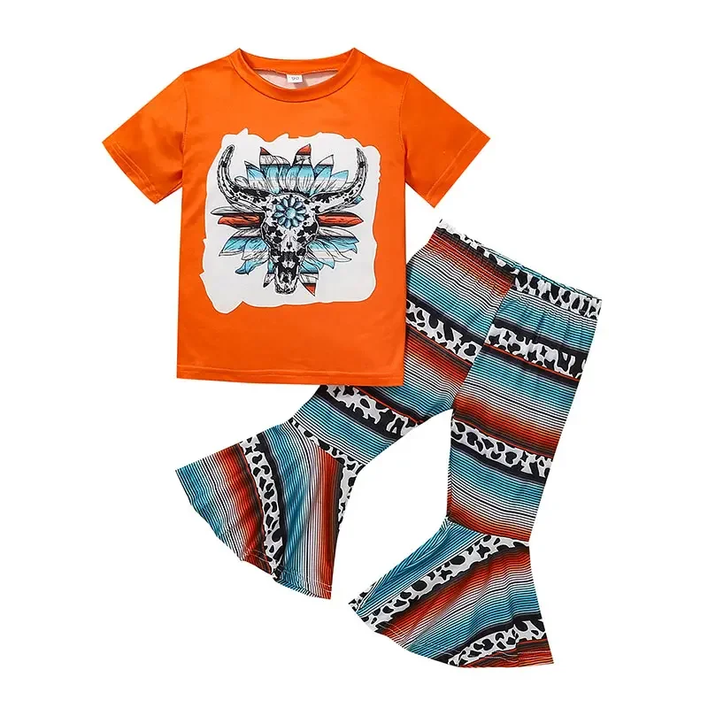 

Summer Boutique Girls Suit Cow Print Orange Short-sleeved Top Striped White Flared Pants 2-Piece Set