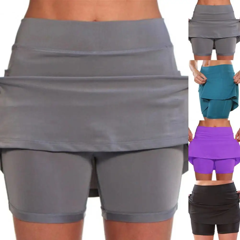 

Юбка-шорты для йоги, эластичные однотонные двухслойные спортивные шорты со средней талией, юбка, надежные леггинсы, юбка для упражнений