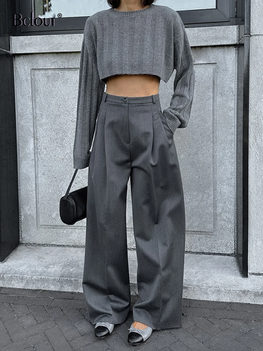 

Bclout Autumn Loose Gray Pants Women 2023 Fashion Office Lady Solid Pleated Long Pants Elegant High Waist Party Trousers Female