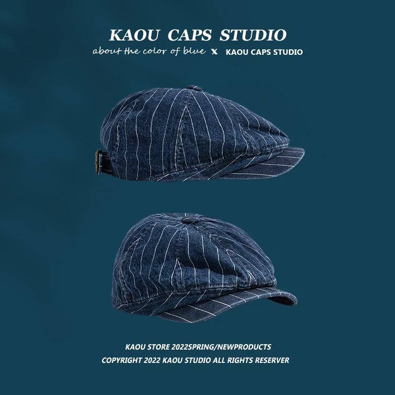 Artistic Retro Dark Blue Denim Stripe Advance Hats Women British Temperament Painter Cap Japan fashion Reverse Wear Beret Men