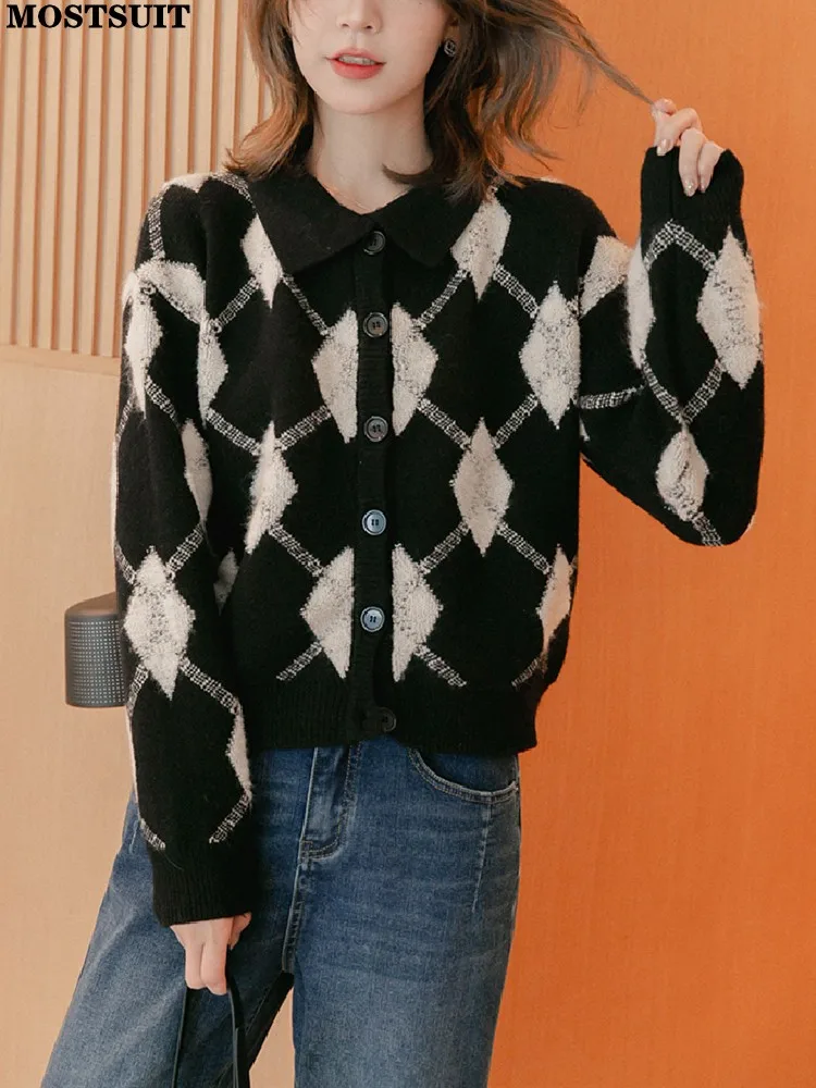 

Argyle Knitted Short Sweater Women Vintage Fashion Crop Tops 2023 Spring Autumn Long Sleeve Chic Elegant Ladies Jumpers Knitwear