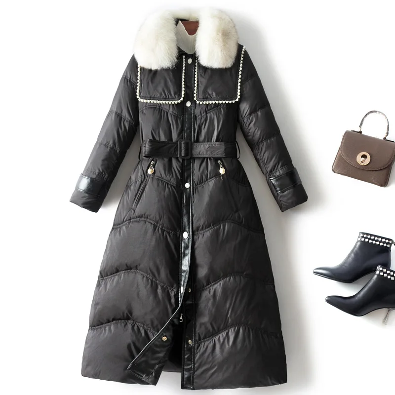 

Элегантное женское пуховое пальто с воротником из меха енота, однотонные парки с жемчугом, зимние женские толстые теплые длинные пуховики с поясом