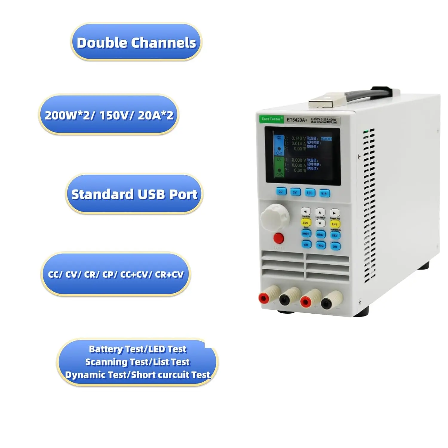 Фото Электронная нагрузка ET5420A+ 400 Вт, двухканальный тестер нагрузки USB DC, прибор для разряда аккумуляторов 0-150В, 0-20А*2 №5
