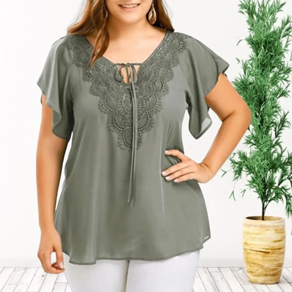 

Plus Size Women Blouse V Neck Pure Color Flare Sleeves Casual Top Lace Patchwork Shirt Lady Clothes Streetwear блузка женская