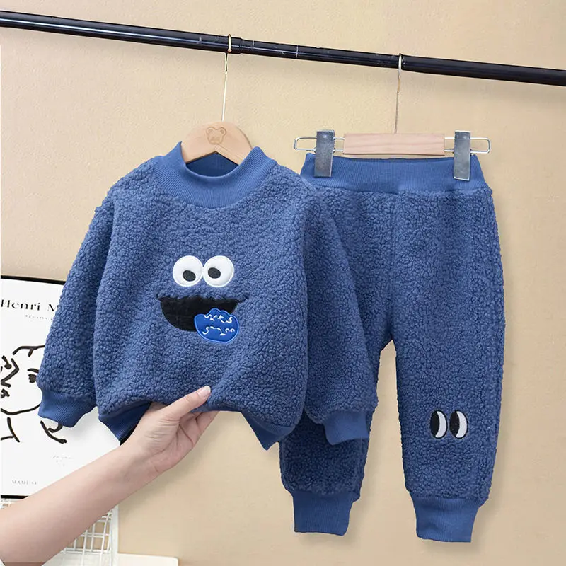 

Autumn Winter Kids Clothes Set Cartoon Print Plus Velvet Thickening Boy and Girl Clothes+Pants Suit Toddler Girl Clothes Kids