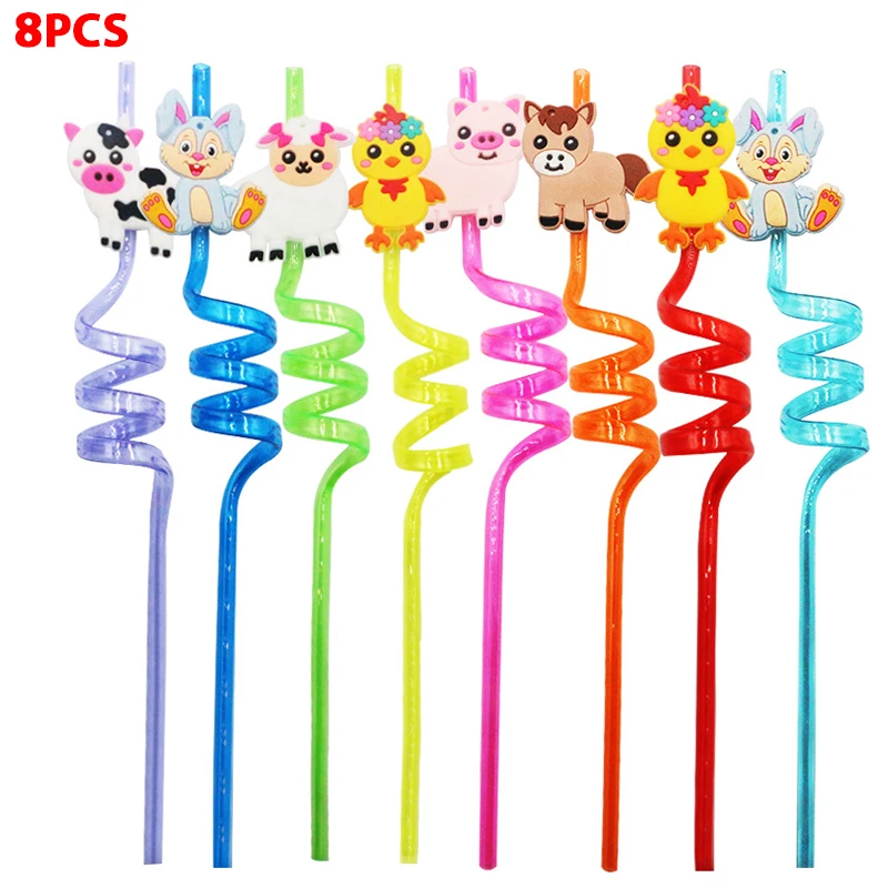 

8pcs 26cm Plastic Drinking Straw Reusable Animal Straws Pig Rabbit Sheep Dog For Kids Jungle Theme Birthday Party Decorations