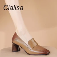 cialisa womens shoes autumn vintage sheepskin shoes square toe concise handmade high heel lady footwear brown big size 42 new