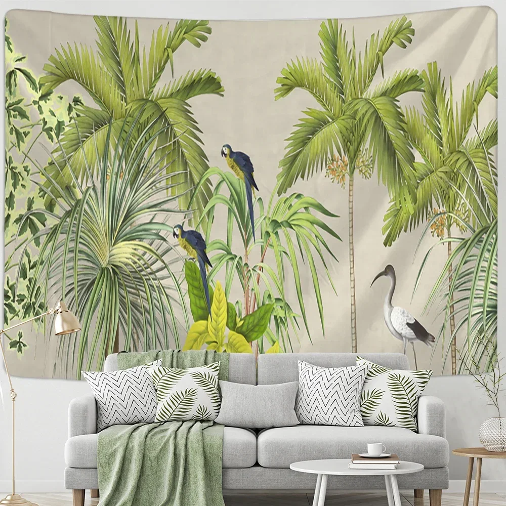 Зеленый гобелен с попугаем приморские лесные растения настенный хиппи тапиз