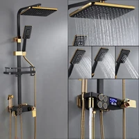 luxury quality black and gold brass rainfall thermostatic bathroom shower set mixer tap digital bath shower system set