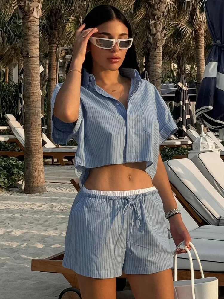 Женский винтажный костюм TRAFZA Повседневная рубашка в полоску с короткими