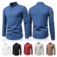 mens long sleeve cotton linen shirts loose casual v neck t shirts blouse chic stand collar fashion tee tops streetwear