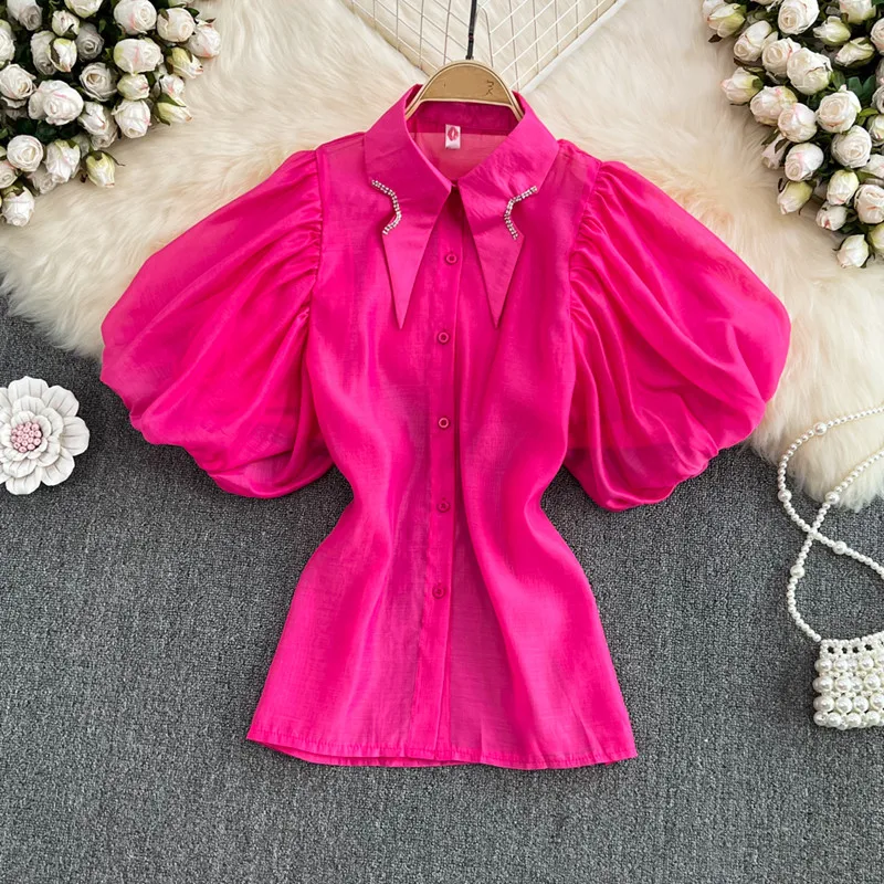 

Женская шифоновая рубашка с отложным воротником, однотонная свободная однобортная блузка с короткими рукавами-фонариками, лето
