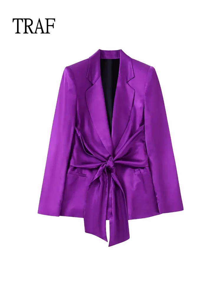 

TRAF 2022 Blazers For Women Elegant Bow Tie Female Blazers Vintage Satin Blazers Long Sleeve Korean Clothing Office Lady Jacket