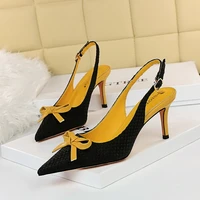 korean weaving in her pointed toe colorblock small bowknot hollow back strap sandals women high heels shoes for women