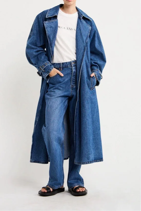 

C@mill*a M 2023 New Autumn Winter Women Trench Long Coat Denim Cotton V-neck High Quality Fashion Brand Designer Fashion Vintage