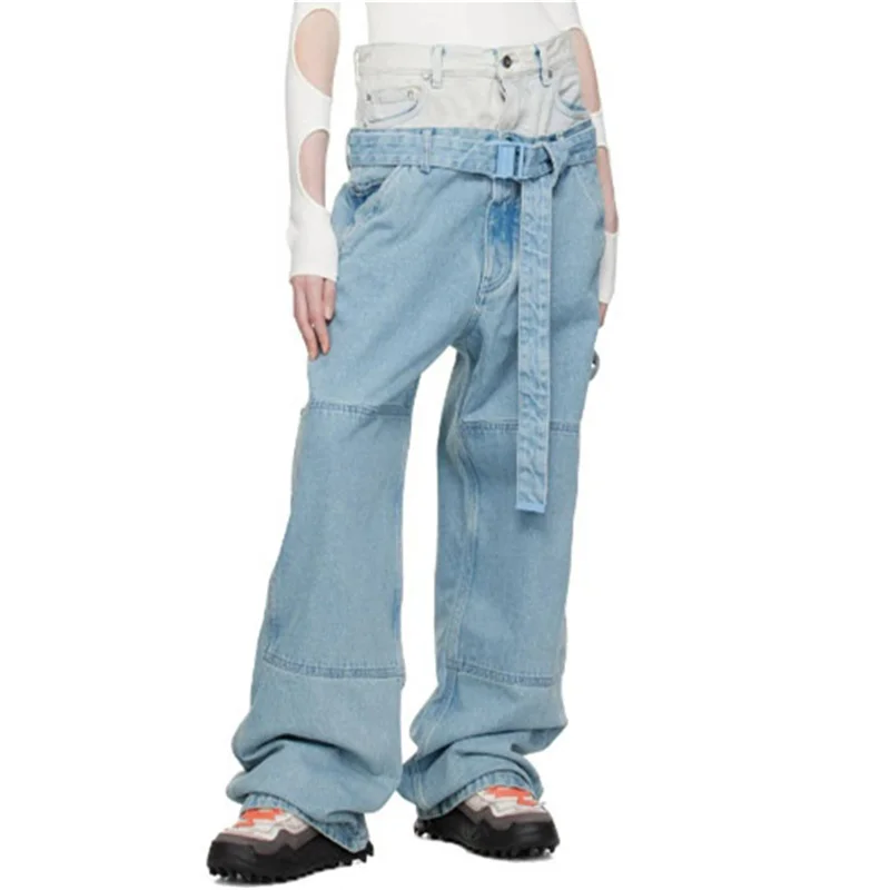 

Women's Jeans 2023 Autumn Retro Wash Contrast Panel Women's Pants Korean Fashion Pure Cotton Floor Mop Pants y2k Wide Leg Pants