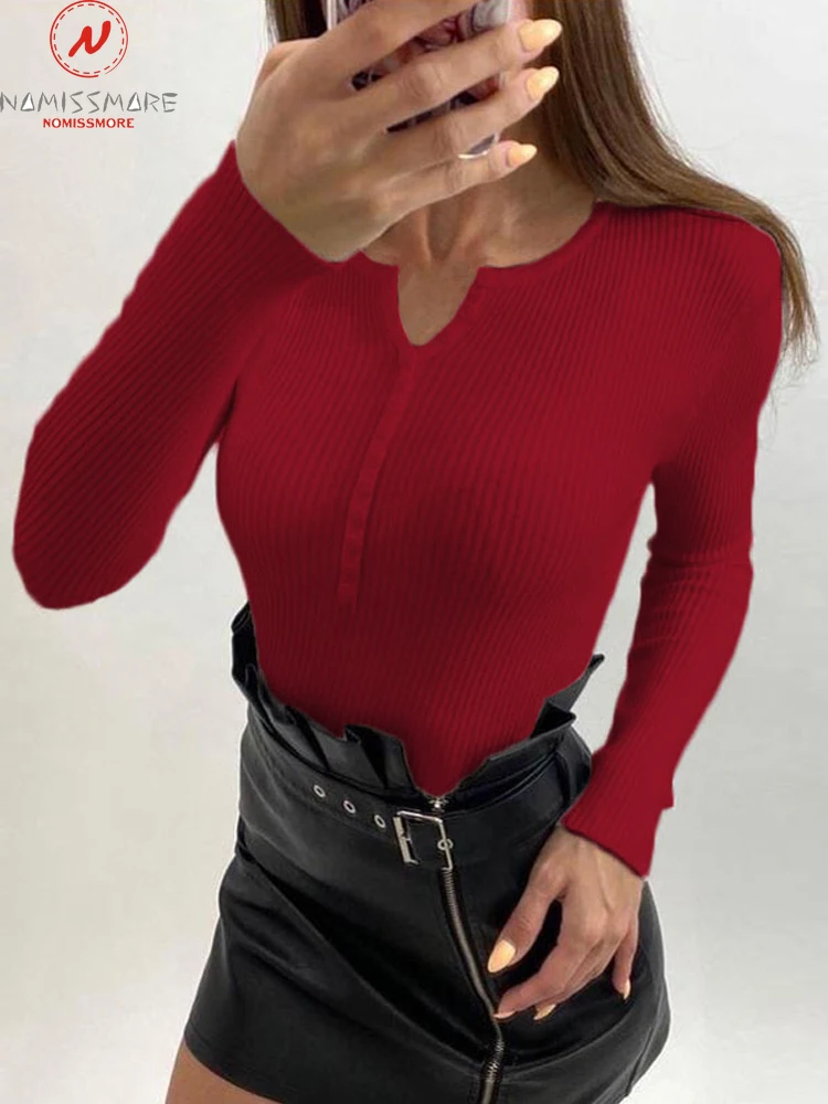 

Elegant Women Solid Color Sweaters Single-Breasted Design V-Neck Long Sleeve Spring Autumn Slim Pullovers Knitted Top