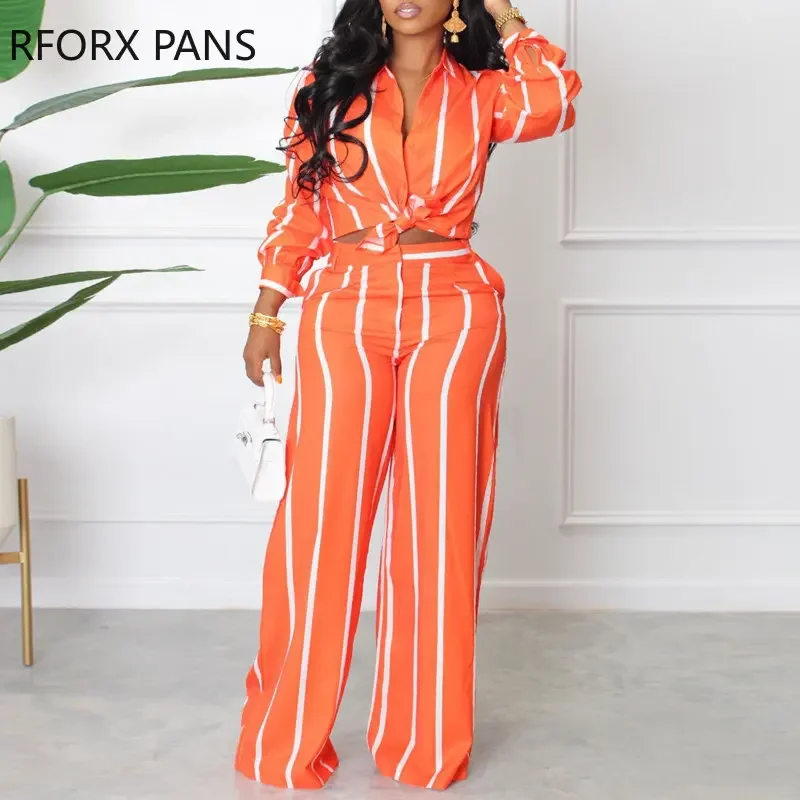 Женский элегантный комплект в полоску с длинными рукавами и отложным воротником