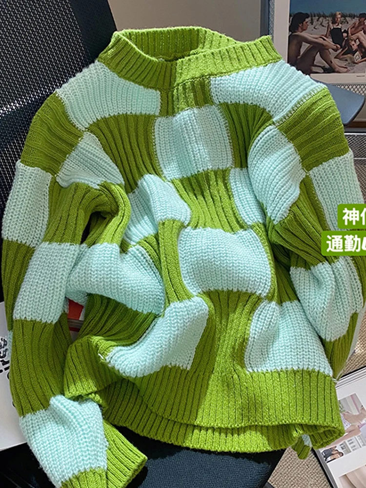 

Autumn Winter Women 2022 New Crew-neck Vintage Classic Plaid Warm Knitwear Baggy Long Sleeve Aesthetic Knitted Pullover Sweater