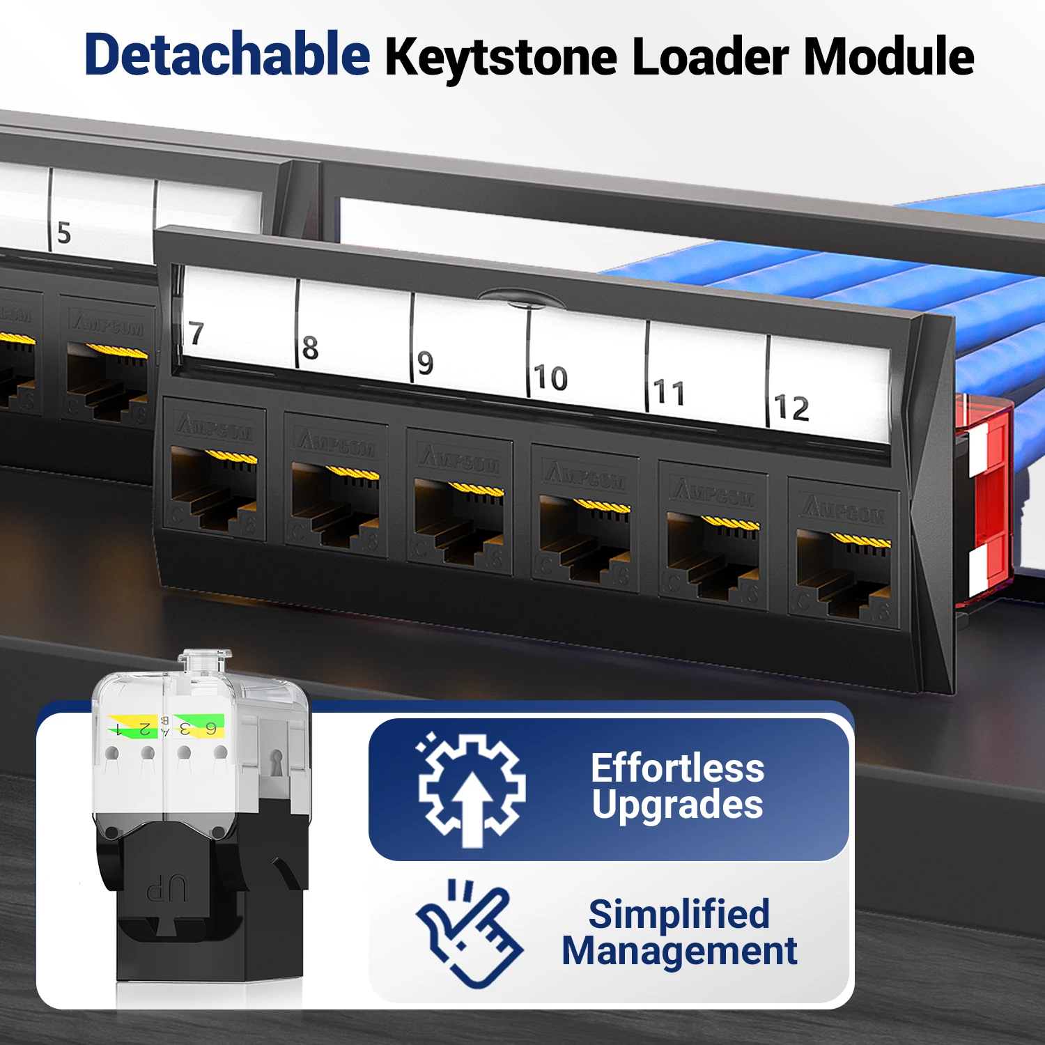 Фото Пустая патч-панель AMPCOM Keystone, 1U, 24 порта, RJ45, UTP, съемное крепление без инструментов в стойку с задней планкой для CAT5E/6/7/8 №2