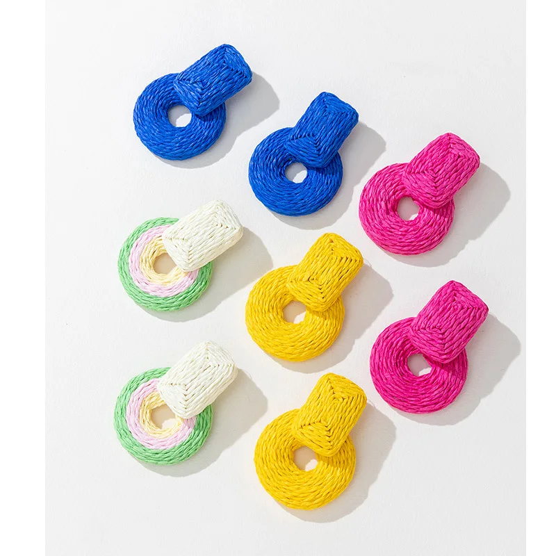 

New Fashion Colorful Flower Raffia Earrings Boho Summer Beach Rattan Pendant Girl Braided Earring Jewelry