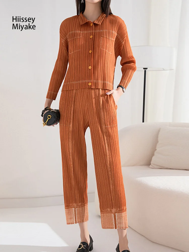 

HiIssey Miyake Fashion Design Early Spring Women Solid Color Single-breasted Lapel Top + Loose Type Nine-point Chiffon Pants