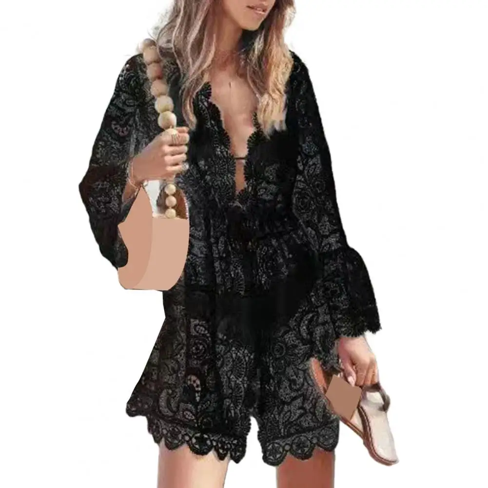 

Летнее прозрачное вязаное крючком мини-платье-накидка на бикини, женское пляжное платье с глубоким V-образным вырезом и длинным рукавом, свободным подолом и высокой талией