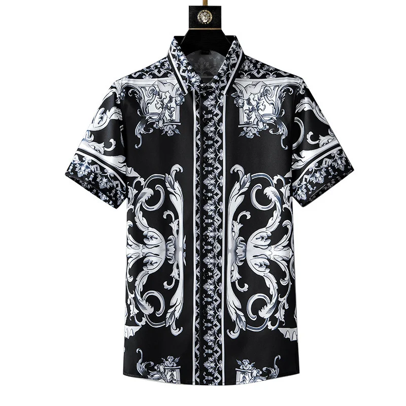 

Autumn Luxury Men Short Sleeve Shirts For Man Turn Down Fashion Casual Black Print Tops