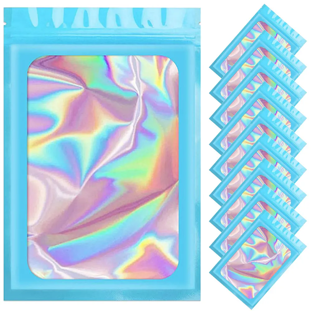 

50-100pcs Blue Ziplock Bag Plastic Holographic Laser Color Foil Pouches for DIY Jewelry Retail Packing Bag Party Gift Bags