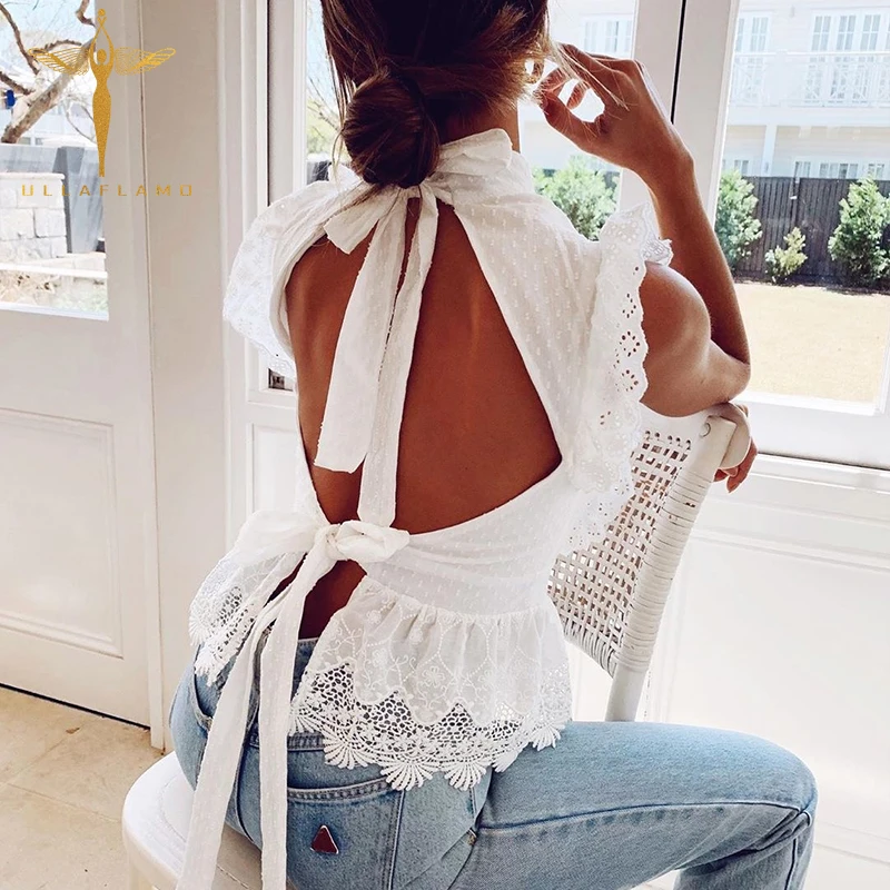 

Sexy Fashion Sleeveless Solid Color Ruffled Lace Top Summer Elegant White Lace T-shirt Ladies Halter Back Bow Hollow Tshirt 2021
