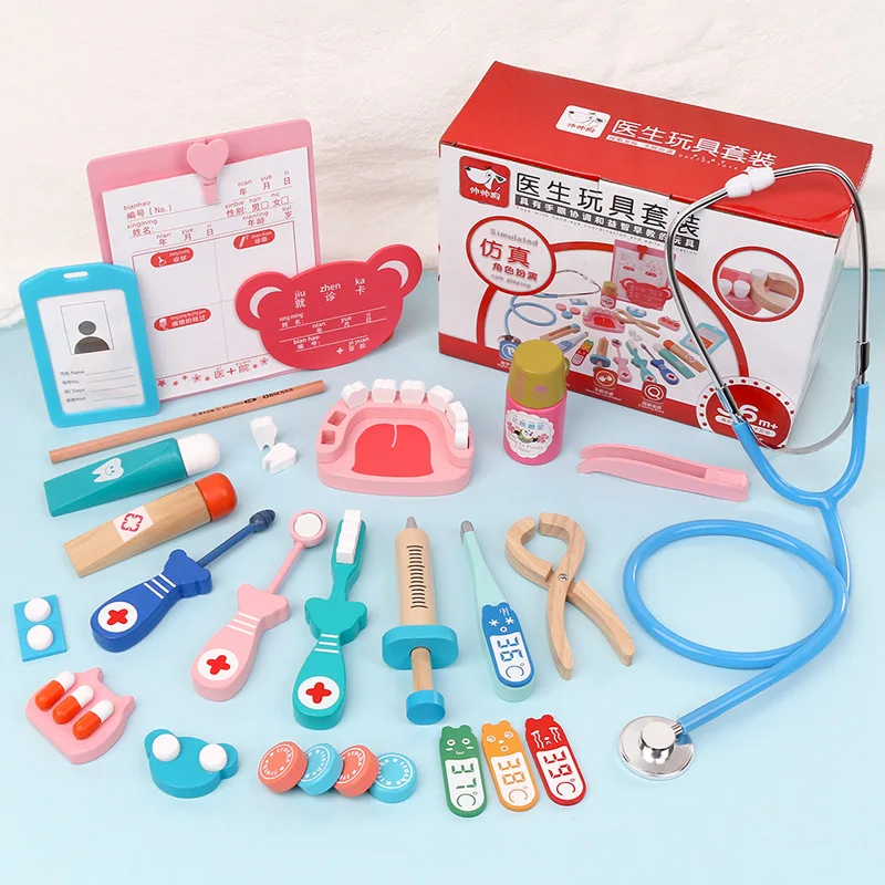 Wooden Pretend Play Doctor Educationa Toys for Children Medical Simulation Medicine Chest Set for Kids Interest Development Kits