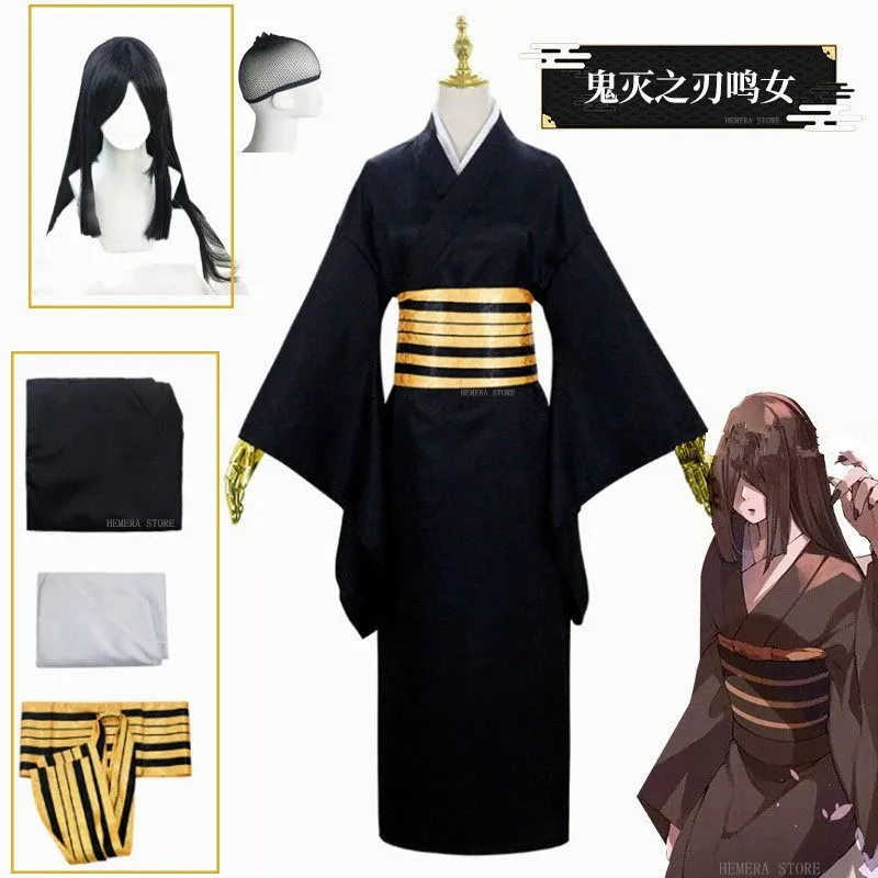 

Nakime Otokawa Cosplay Costume Anime Demon Slayer Kimetsu No Yaiba Suit Uniform Belt Wig 3pcs Kimono Set Woman Cosplay Costume