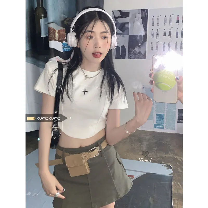 

Kumikumi Spice Girls нерегулярная короткая футболка с открытым пупком женская летняя тонкая рубашка с круглым вырезом модный топ с коротким рукавом