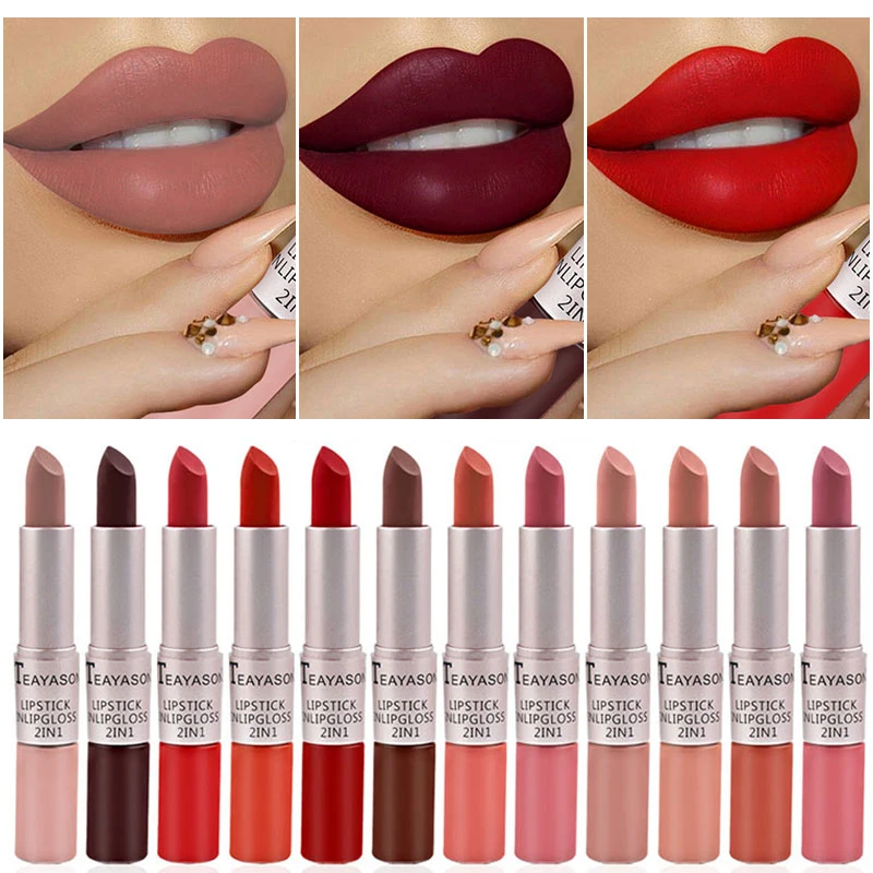 

12 Colors Lip Gloss Lipstick Duo Matte Glossy Waterproof Lipstick Ladies Sexy Fashion Easy on Makeup No Smudge Lipstick Makeup