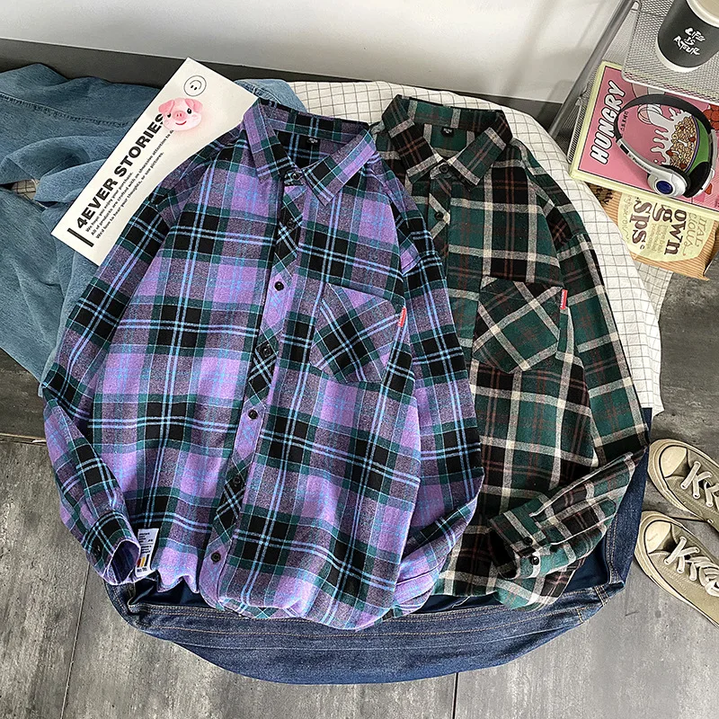 Streetwear Retro Plaid Blouses Male Hip Hop Flannel Checked Shirts Men High Quality Spring New Oversize Cotton Plaid Shirts