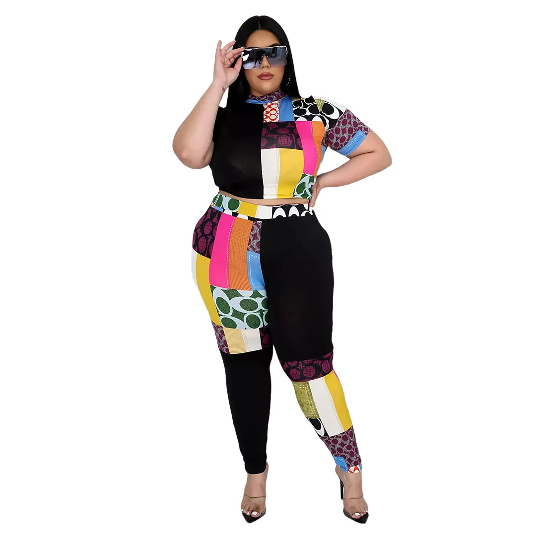 Plus Size Set Women Summer Clothing Fashion Printing Stitching Color Short Sleeve Top and Pant 2 Piece 3xl 4xl 5xl 6xl