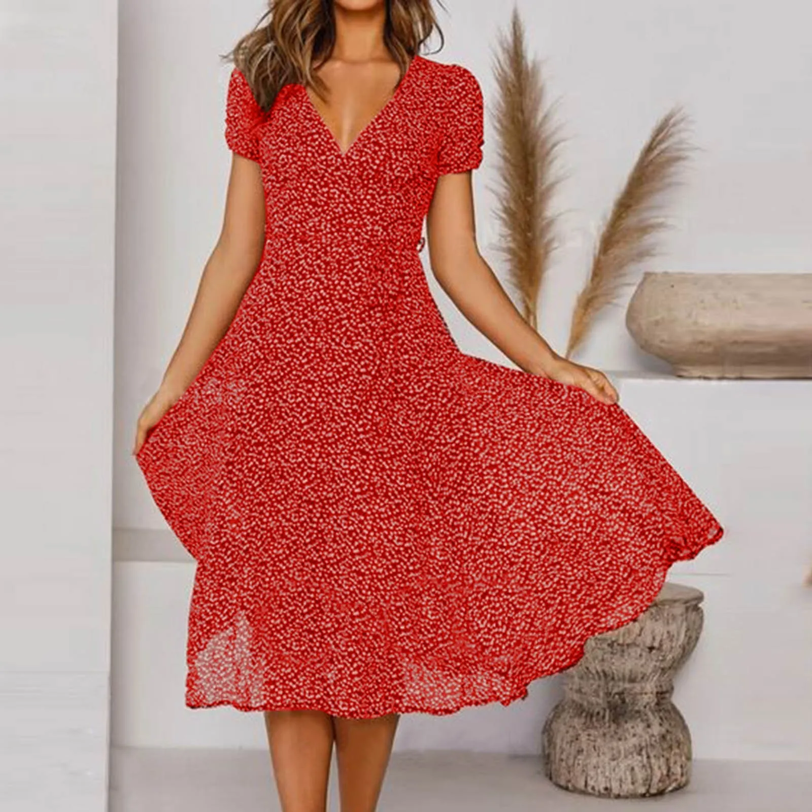 

Elegant Womens Dresses Sweet Boho Polka Dot Summer Dresses for Women 2023 Sexy Deep V Neck Ruffle Flowy Dress Beach Sundress