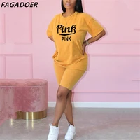 fagadoer 2022 summer shorts two piece sets casual round neck top and biker shorts tracksuits women pink letter print outfit 2022