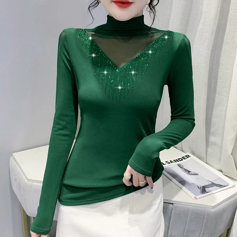 

Осенне-зимняя Сетчатая футболка, шикарные сексуальные Сращенные прозрачные элегантные блестящие Женские топы со стразами, футболки с длинным рукавом ручной работы 956