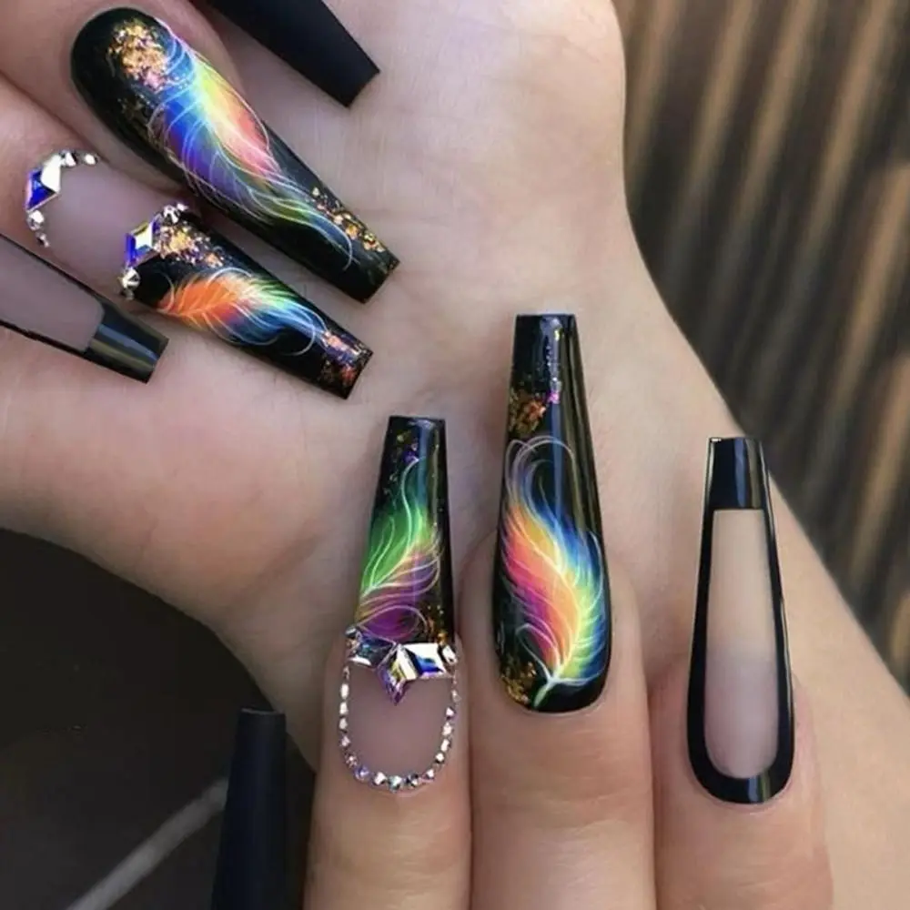 24pcs Long T-shape Fake Nails Square Head French Nail Diamond-encrusted Glitter Waterproof Faux Fingernails Press on Nails