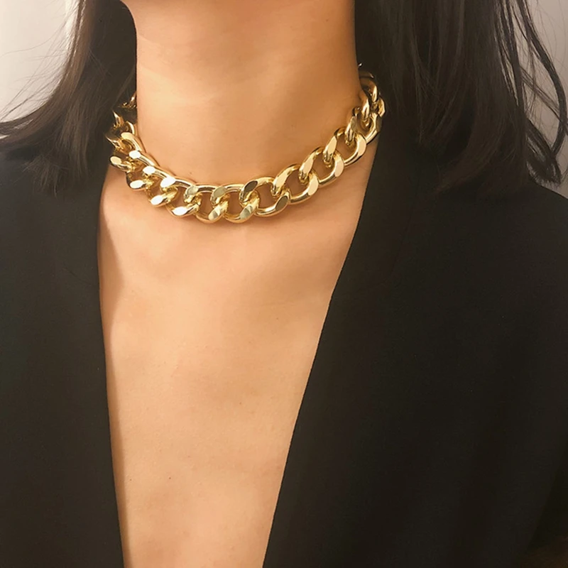 

Punk Miami Cuban Choker Necklace Collar Statement Hip Hop Big Chunky Alloy Gold Silver Color Thick Chain Necklace Women Jewelry