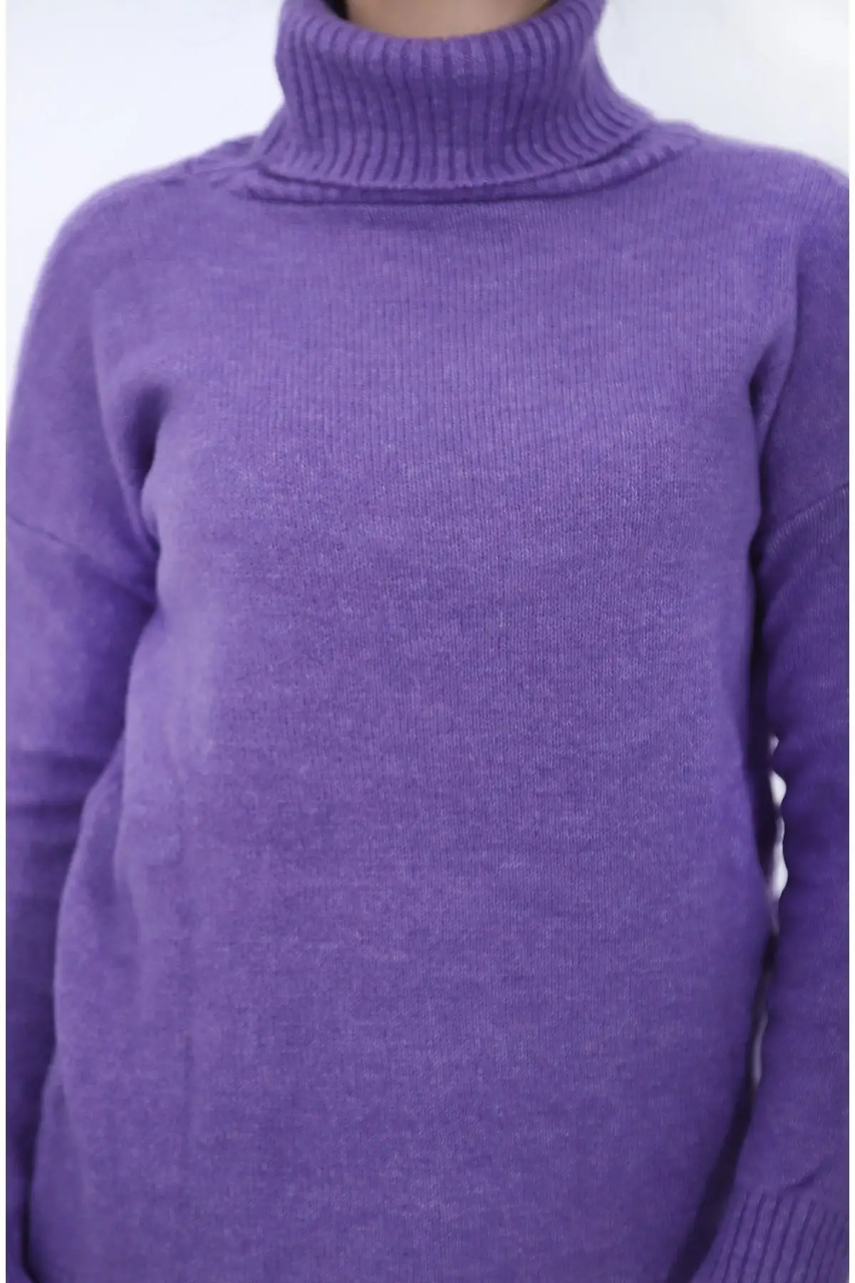 

Women Purple Sweater Eyelash yarn Fishing Neck Sweater Women Muslim Sweater