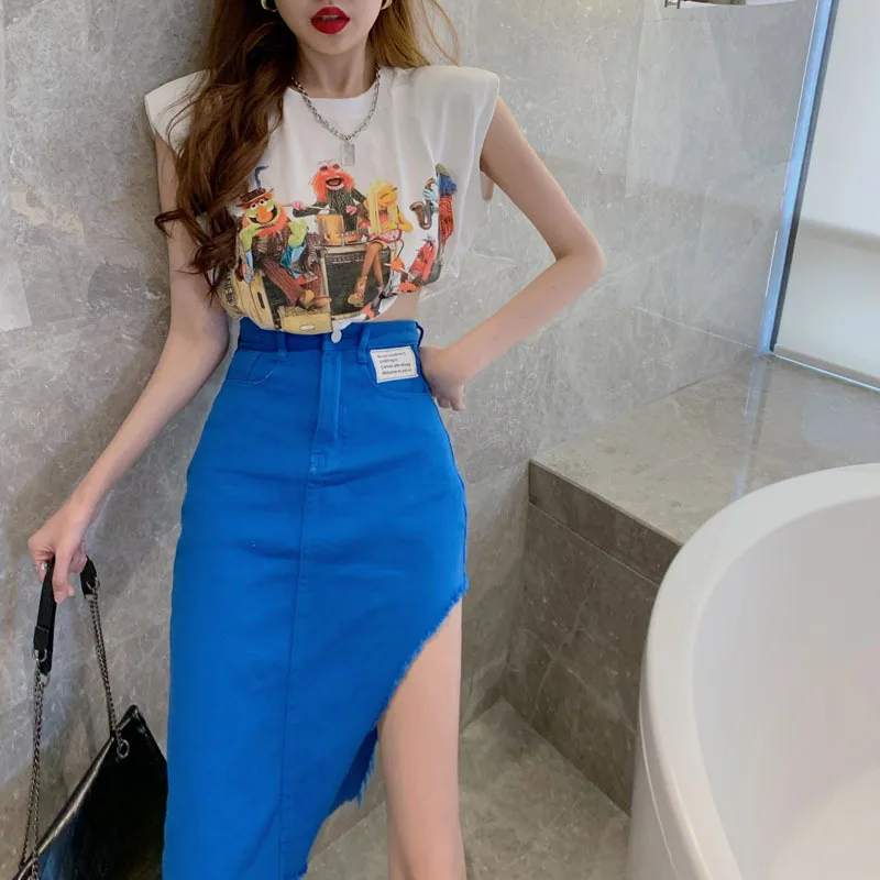 

Summer Women Two Piece Set Korean Style Fashion Casual Skirt Suit Shoulder Pad Short Vest+High Waist Irregular Cowboy Skirt Set