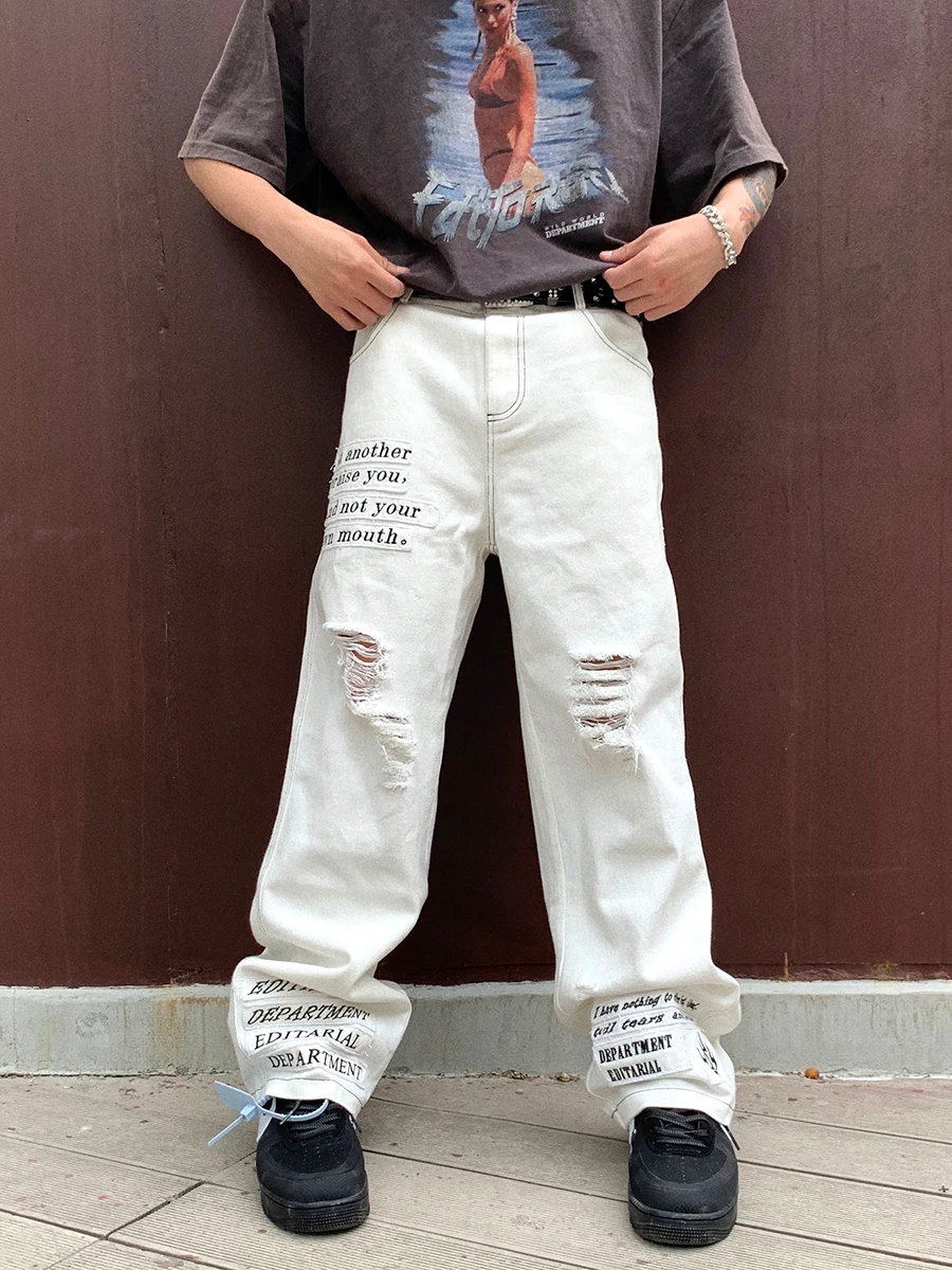 Four Seasons Men's Jeans High Street Trend Harajuku Letter Embroidery Patches Straight Wide Leg Fashion Street Men Ins Hot Sale