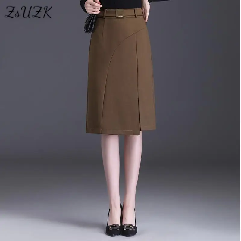 

ZUZK Solid Straight Bodycon Skirt For Women Autumn Winter Elegant Elastic Waist Slim Black Skirt OL Knee-length Pencil Skirts