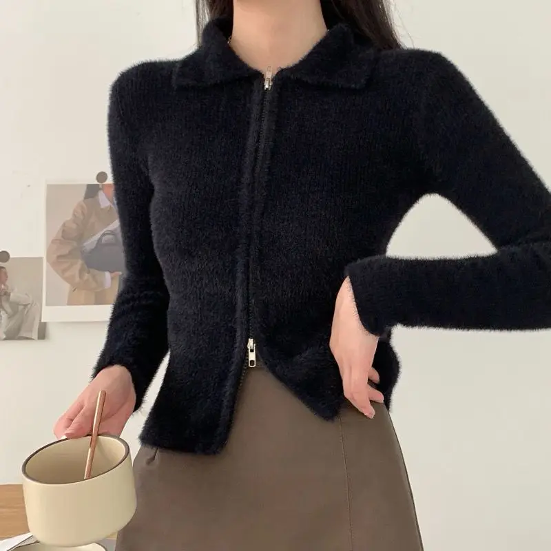 Polo Collar Mink Like Sweater Double Zipper Head Short New Knitted Cardigan Sweater Women  Sweaters images - 6