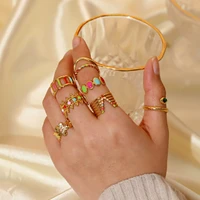 new 18k gold plated geometric color drop oil 316l stainless steel wedding ring womens rainbow color stone ring jewelry