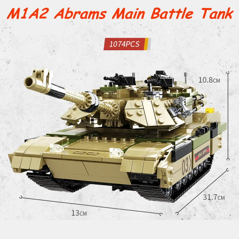 M1A2 основной боевой танк Abrams, строительные блоки WW2, военные блоки, армейский солдат, оружие, игрушки для детей, подарок, 1074 шт.