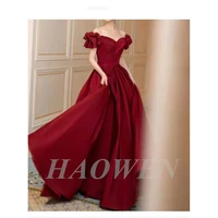 haowen red wine prom dresses boat neck a line off the shoulder elegant satin floor length women party night pleat
